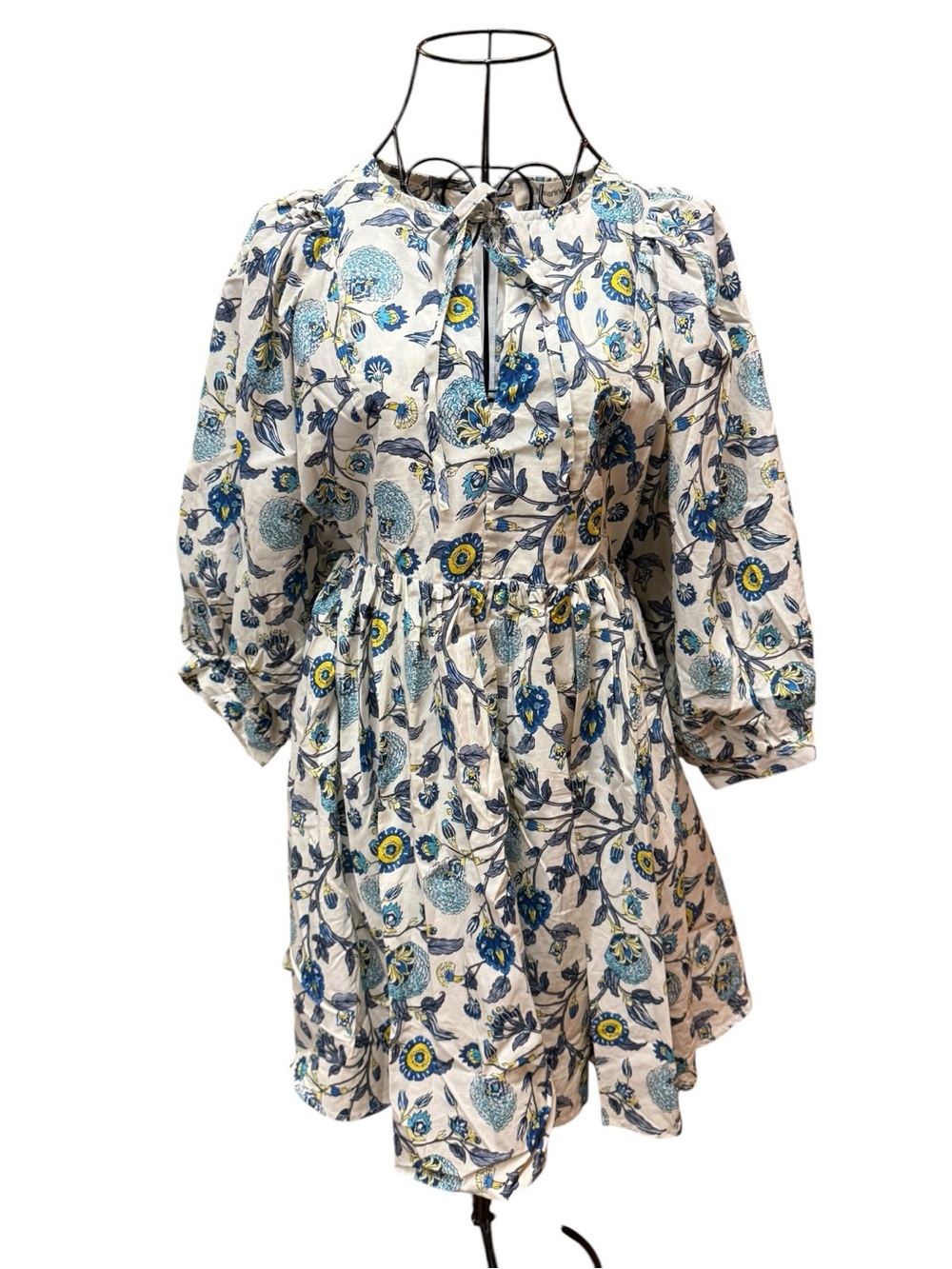 Ultramarine Floral Tie-Neck Balloon Sleeve Cotton Dress in Blue and White XS